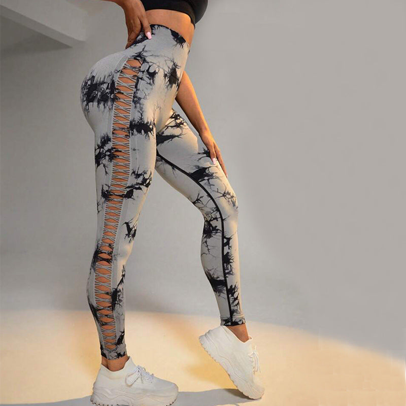 Hollow Tie Dye Printed Yoga Pants High Waist Butt