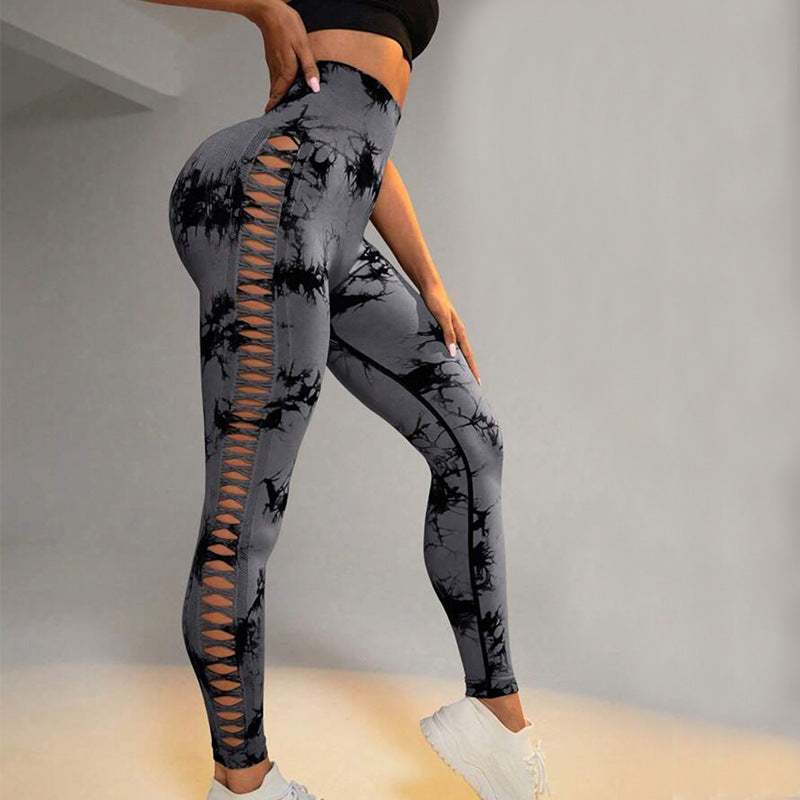 Hollow Tie Dye Printed Yoga Pants High Waist Butt