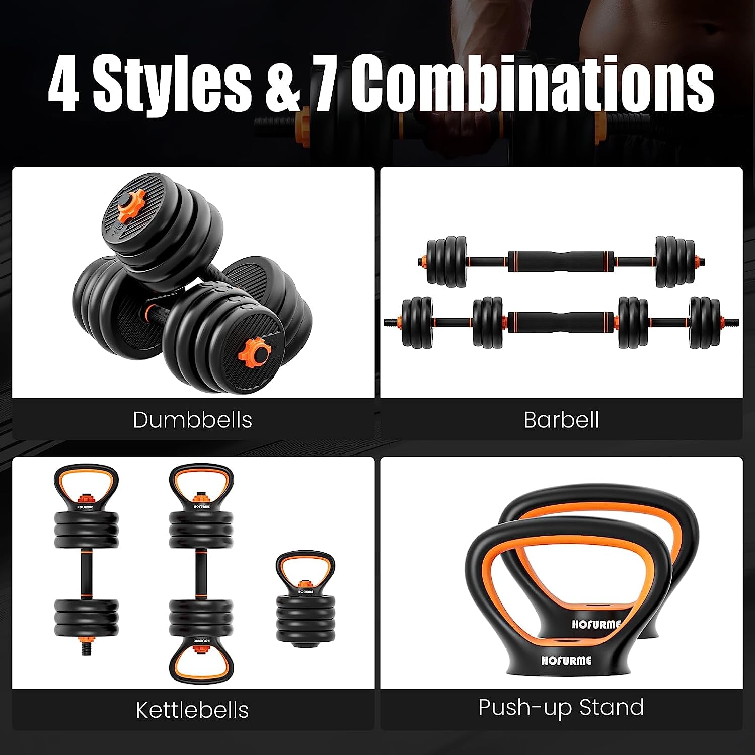 Adjustable Dumbbell Set, 77 Lbs Free Weights Dumbbells, Barbell, Kettlebell and Push-Up, Home Gym Fitness Workout Equipment, Black