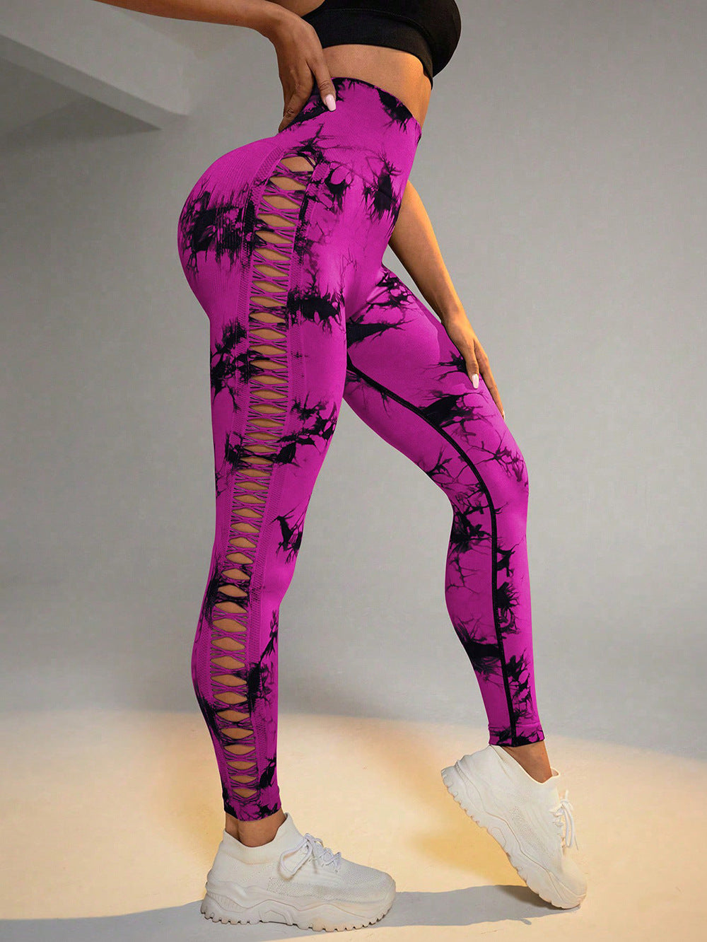 Hollow Tie Dye Printed Yoga Pants High Waist Butt