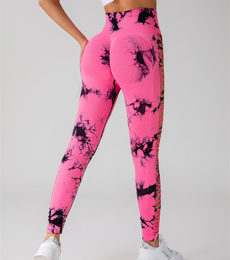 Hollow Tie Dye Printed Yoga Pants High Waist Butt